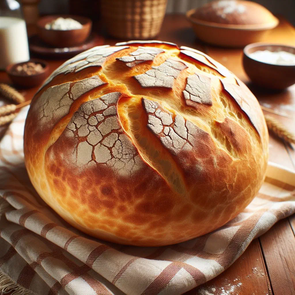 Golden round pogacha bread with a crusty rim, freshly baked