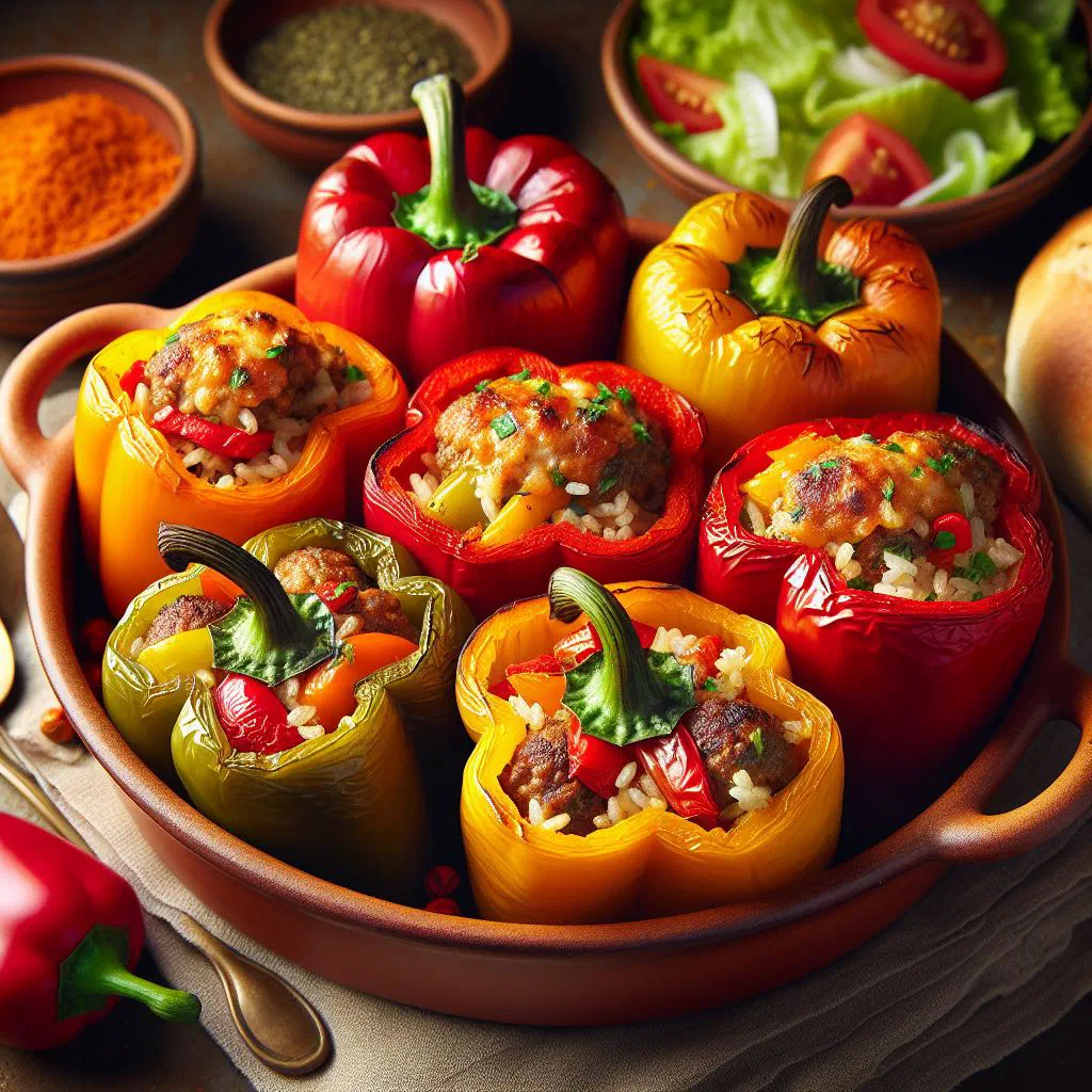 Baked red peppers stuffed with rice and minced meat in a rich sauce