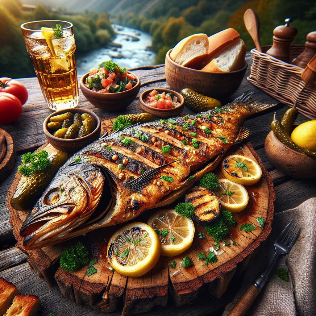 Whole grilled fish garnished with rosemary and lemon slices