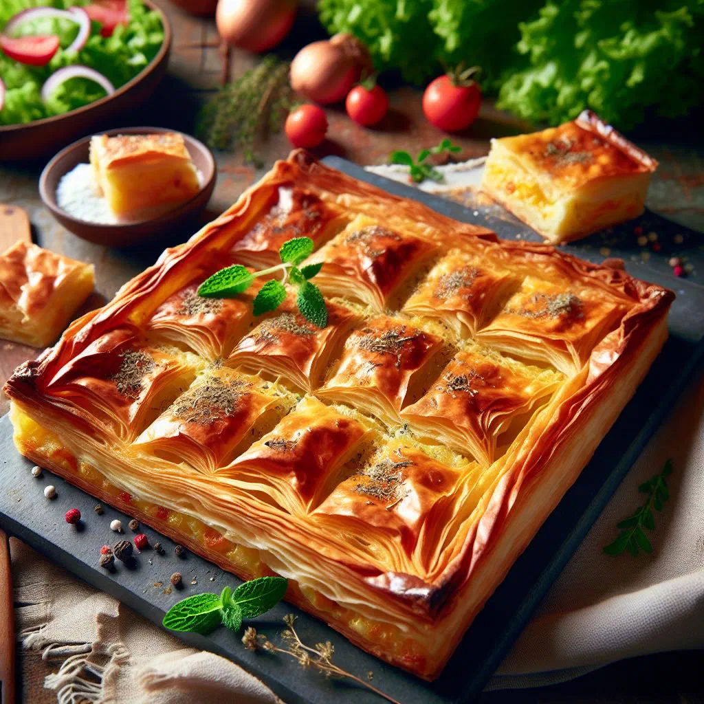 Golden baked Slana Pita sa Sirom cheese pastry sprinkled with sesame seeds