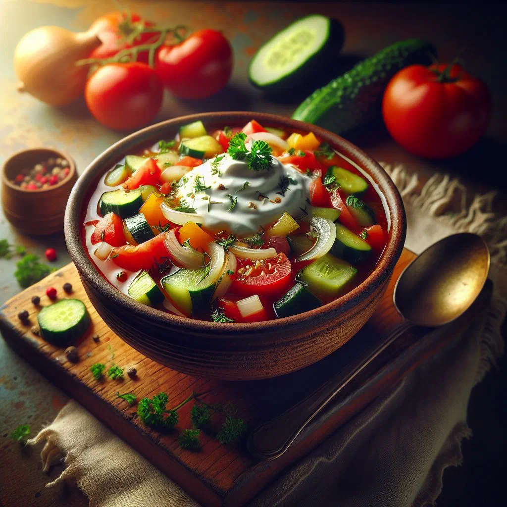 A bowl of Šopska Čorba, a hearty Macedonian vegetable and meat soup garnished with fresh parsley