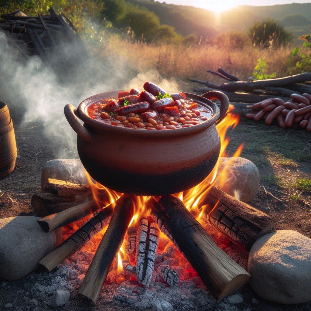 Baked white beans with peppers and onions in an earthenware pot