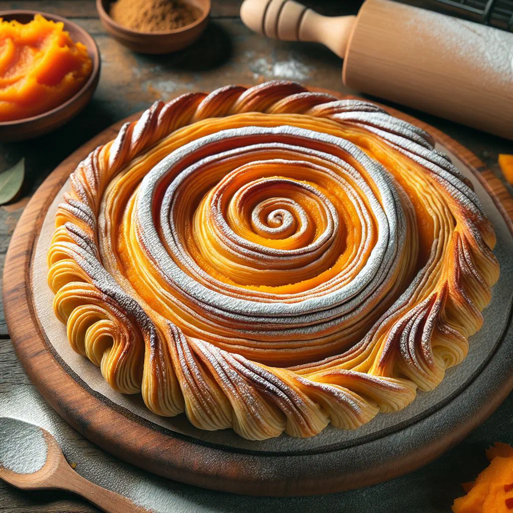 Golden baked tikvenik pumpkin pastry cut into slices