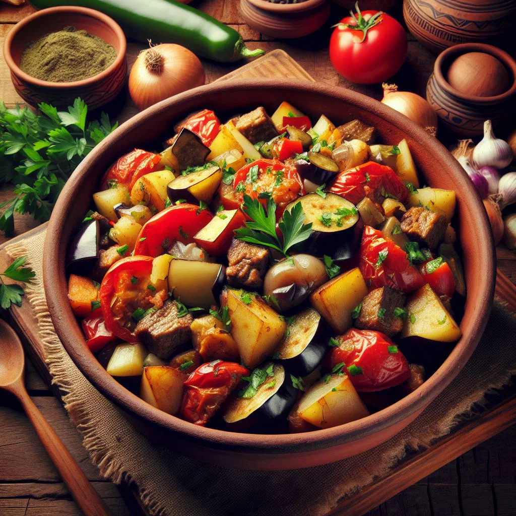 Turli Tava with tender meat and colourful vegetables baked in a clay pot