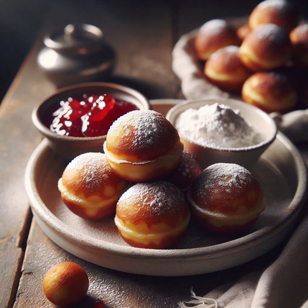 Golden round Æbleskiver dusted with icing sugar and served with jam