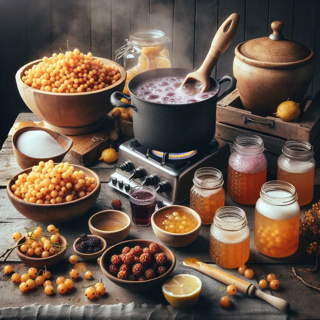 Golden cloudberry jam in a glass jar with fresh berries beside it