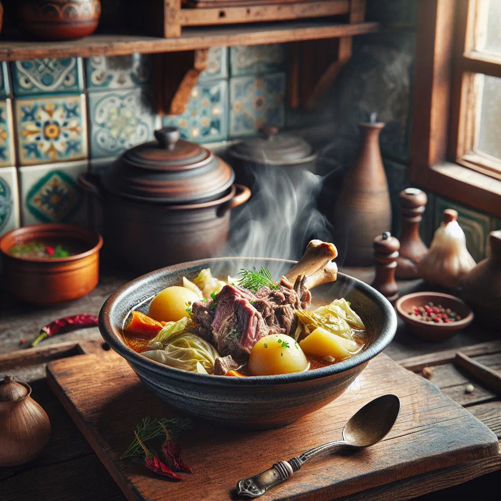 Norwegian fårikål with tender lamb, cabbage and potatoes in a rustic bowl