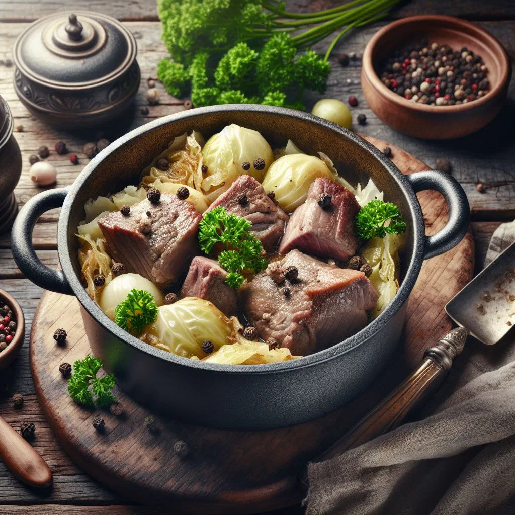 Fårikål lamb and cabbage stew served in a deep rustic bowl