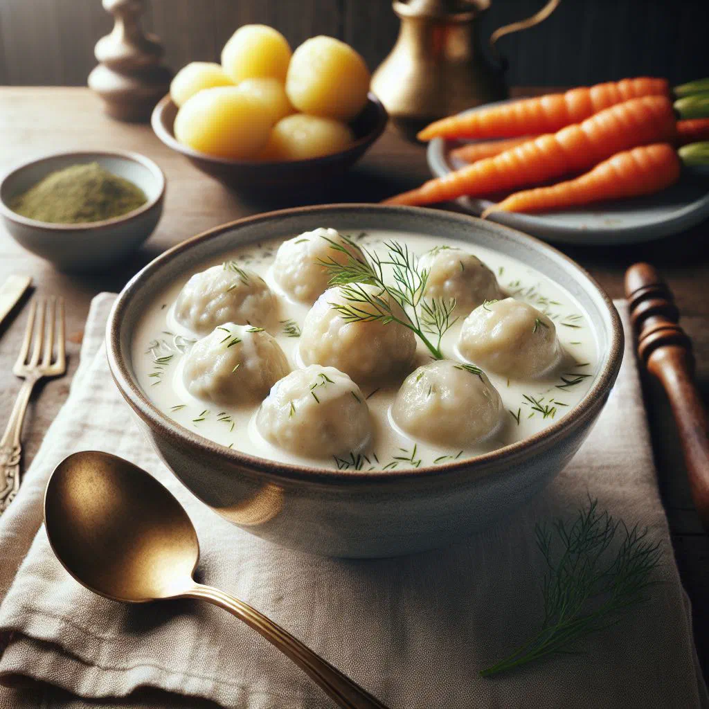 Norwegian fiskeboller fish balls in a creamy sauce with fresh dill