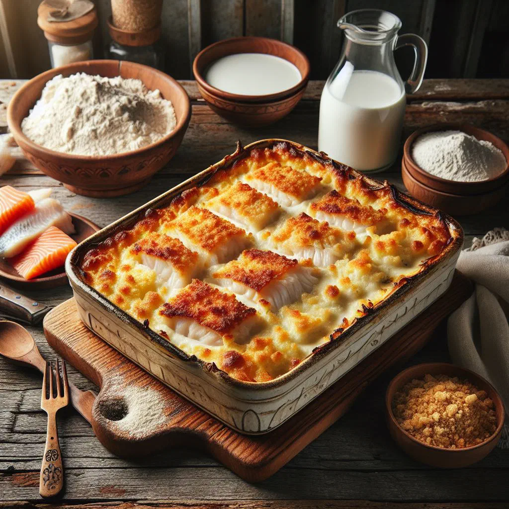 Golden baked Norwegian fish gratin with a crisp breadcrumb topping