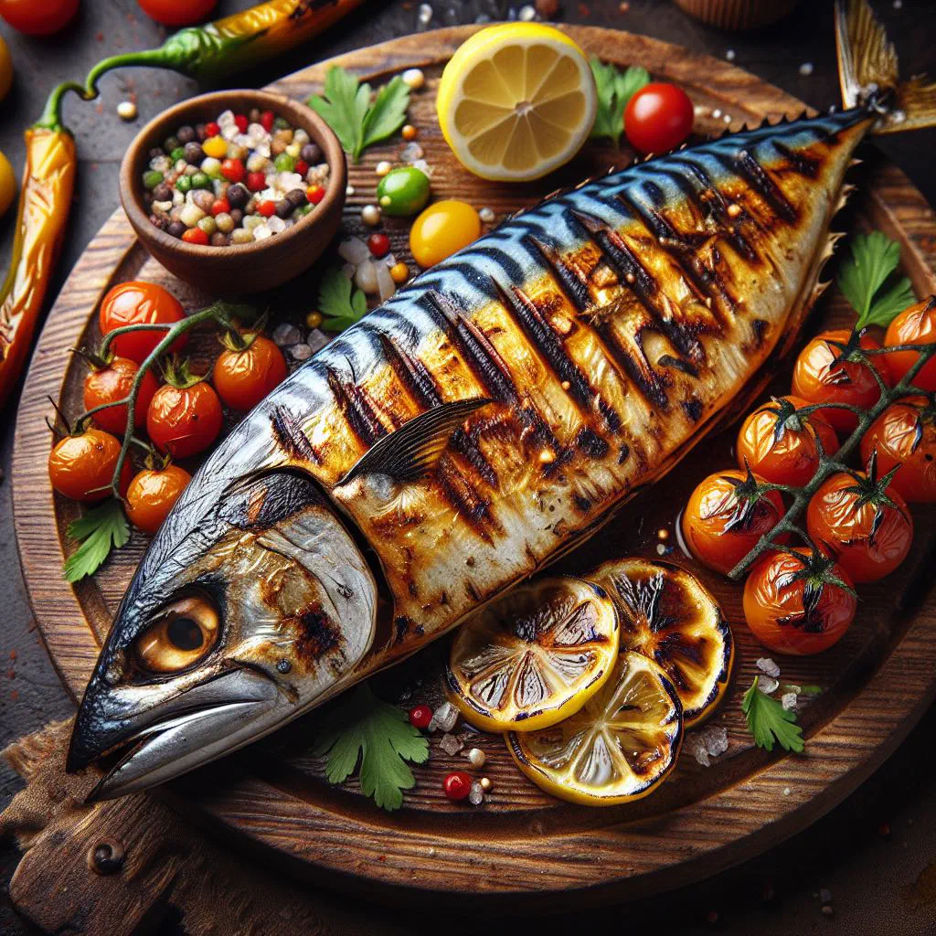 Whole grilled mackerel with lemon slices and fresh herbs