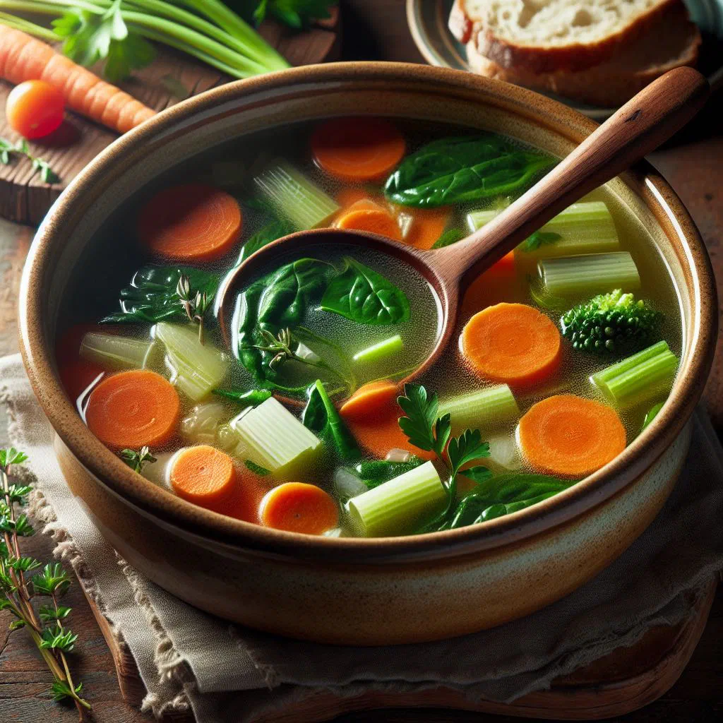 Bowl of Norwegian vegetable soup with carrots, potatoes and fresh herbs