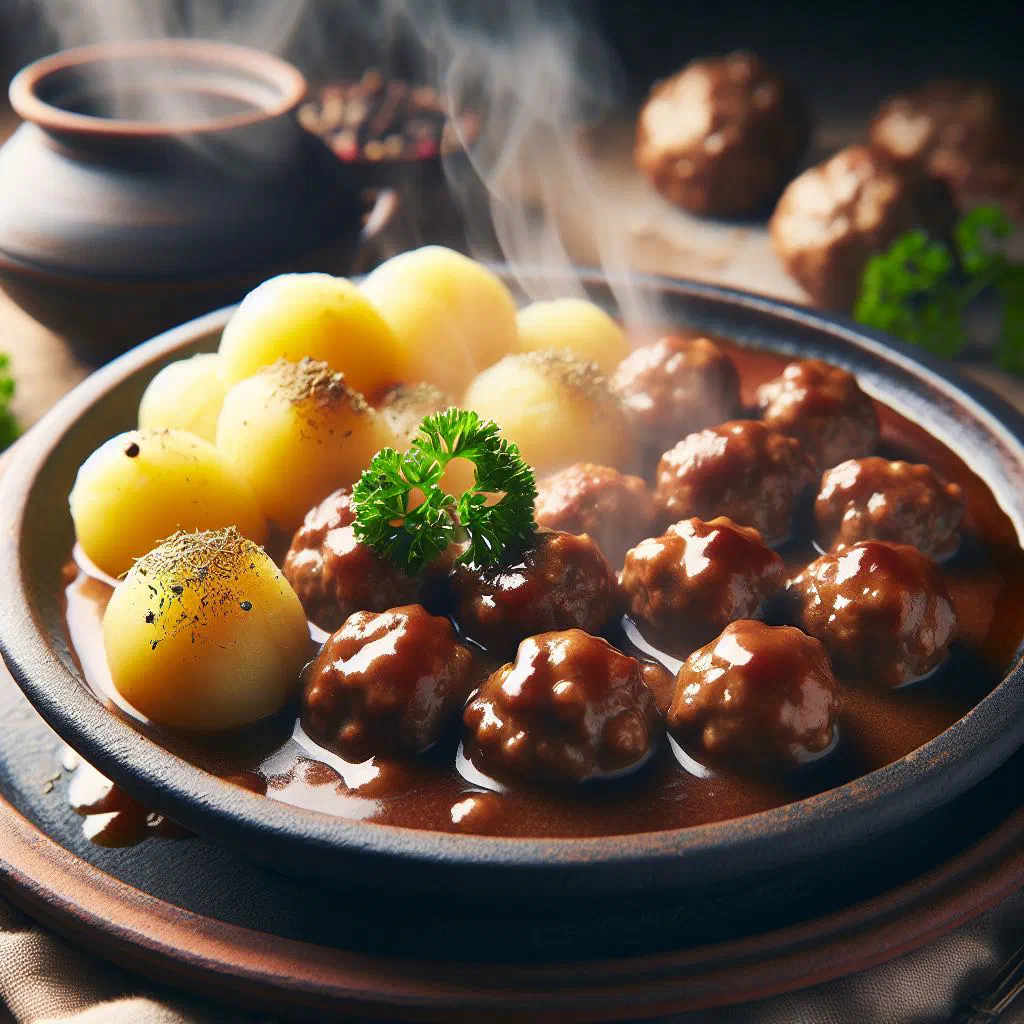 Norwegian kjøttkaker meatballs with mashed potatoes and brown gravy