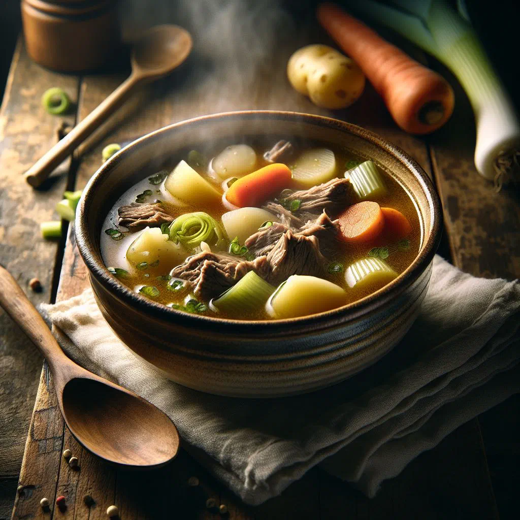 Bowl of Norwegian kjøttsuppe with beef, root vegetables and parsley