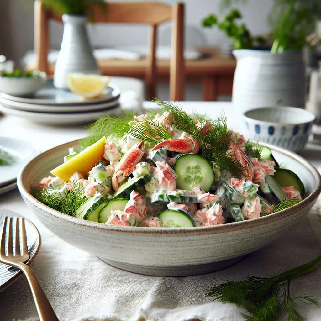 Norwegian crab salad with dill served on crisp lettuce leaves