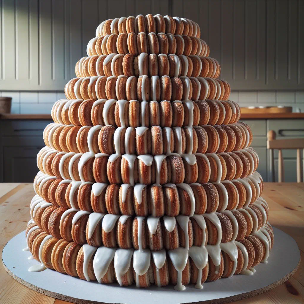 Tower of stacked almond kransekake rings decorated with white icing