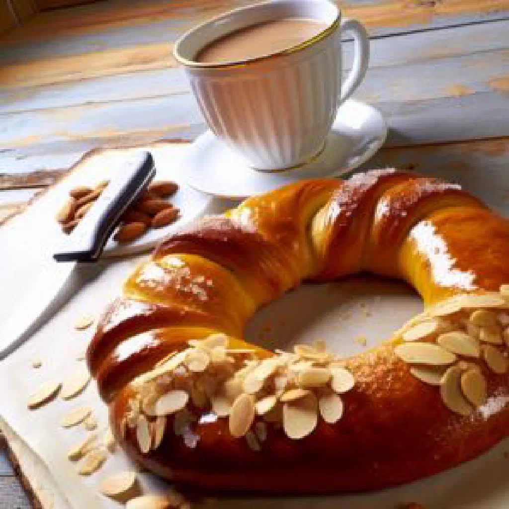 Braided Norwegian kringle wreath dusted with icing sugar
