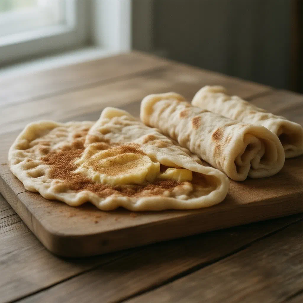Soft Norwegian lefse flatbreads rolled with butter and cinnamon sugar