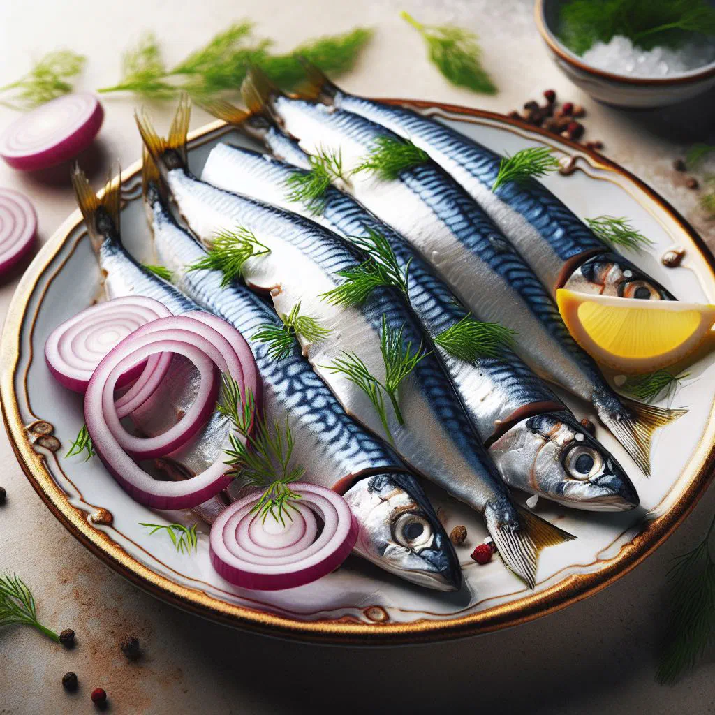 Marinated herring fillets with onion rings and fresh dill