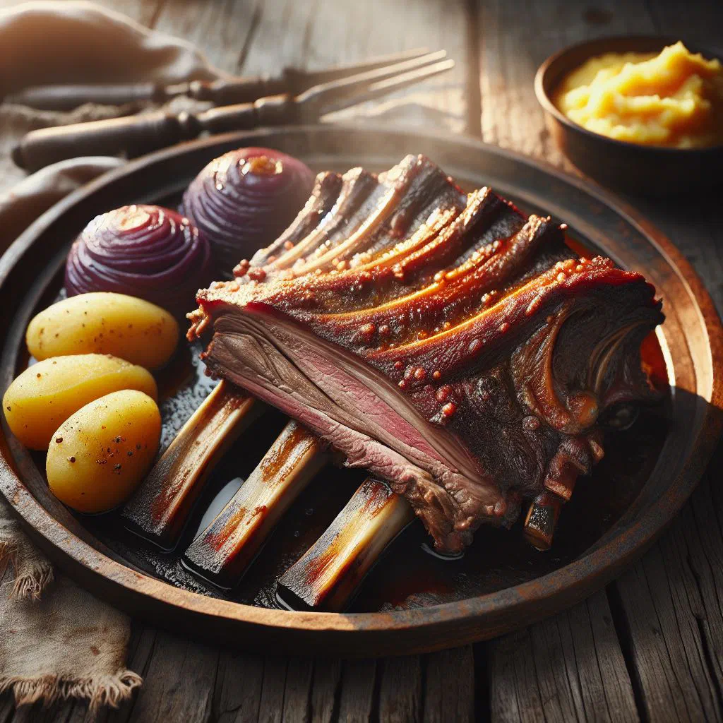 Steamed pinnekjøtt lamb ribs served with boiled potatoes and mushy peas