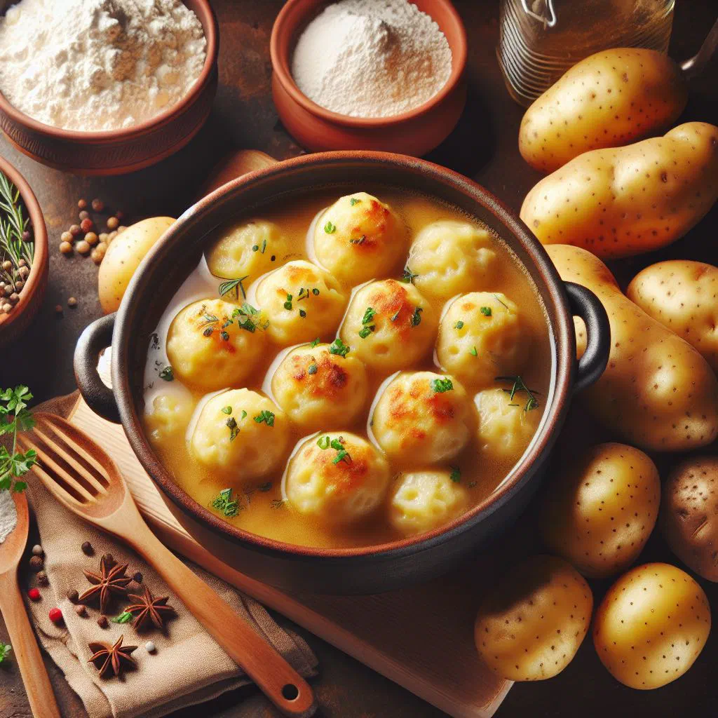 Norwegian raspeballer potato dumplings served on a plate with sauce