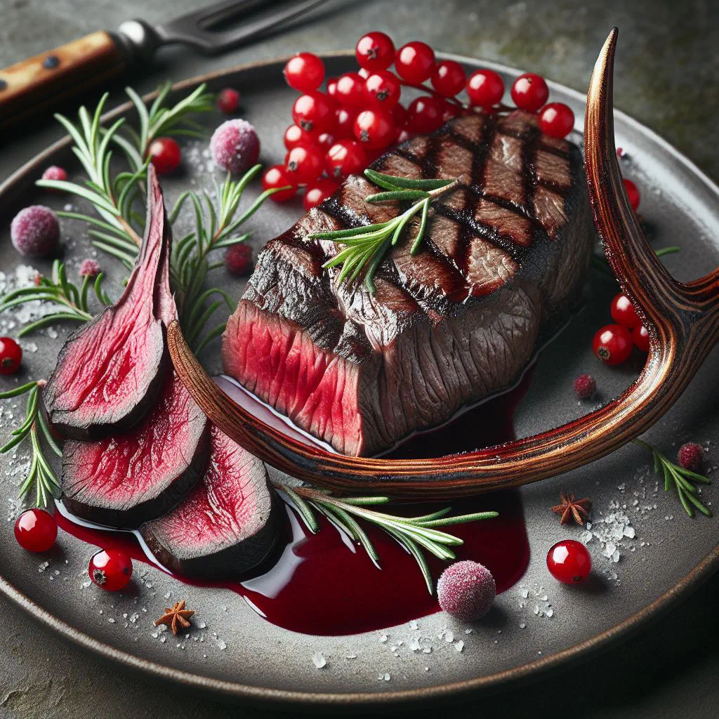 Sliced reindeer roast with a glossy lingonberry sauce on a rustic plate
