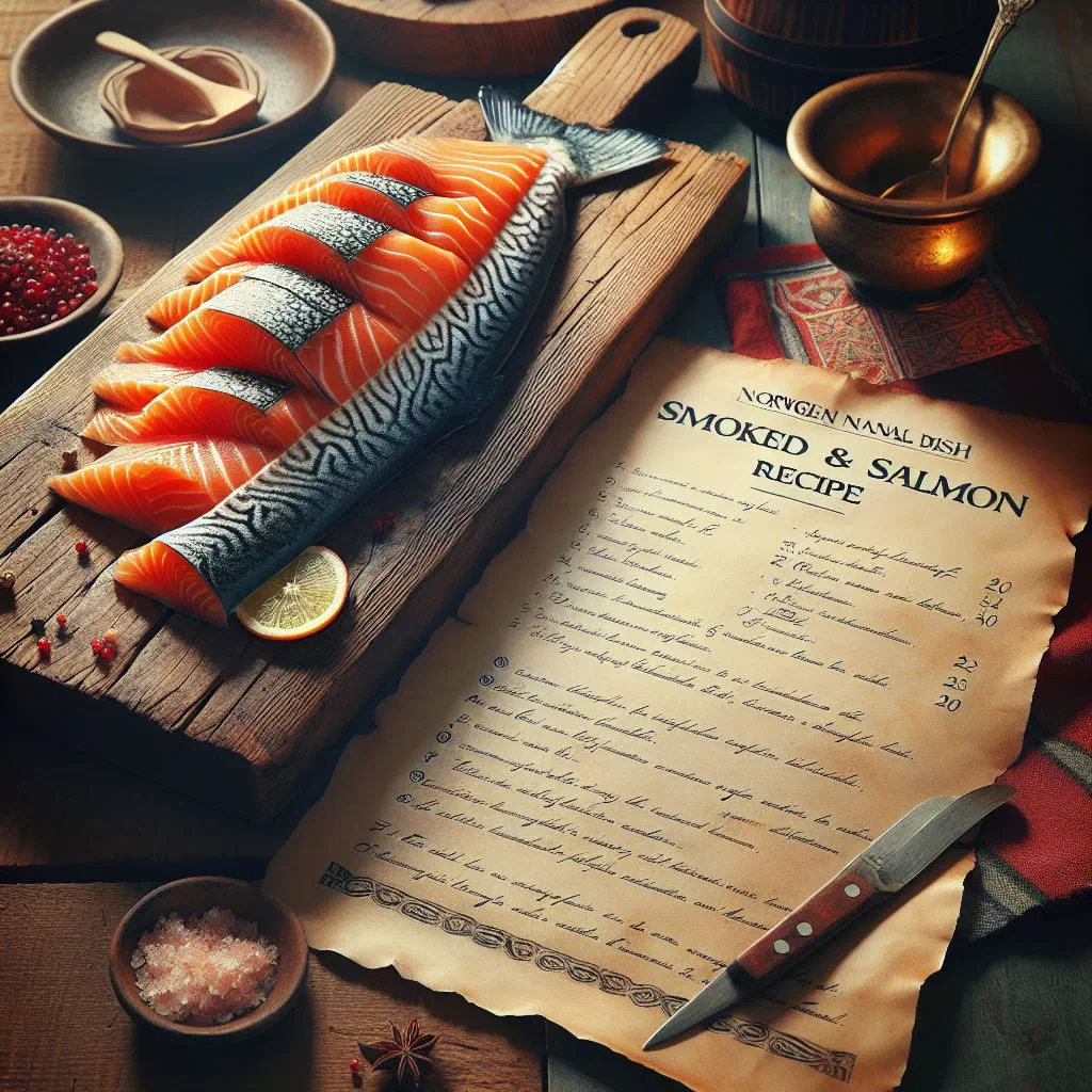 Thin slices of Norwegian smoked salmon with dill and lemon on a wooden board