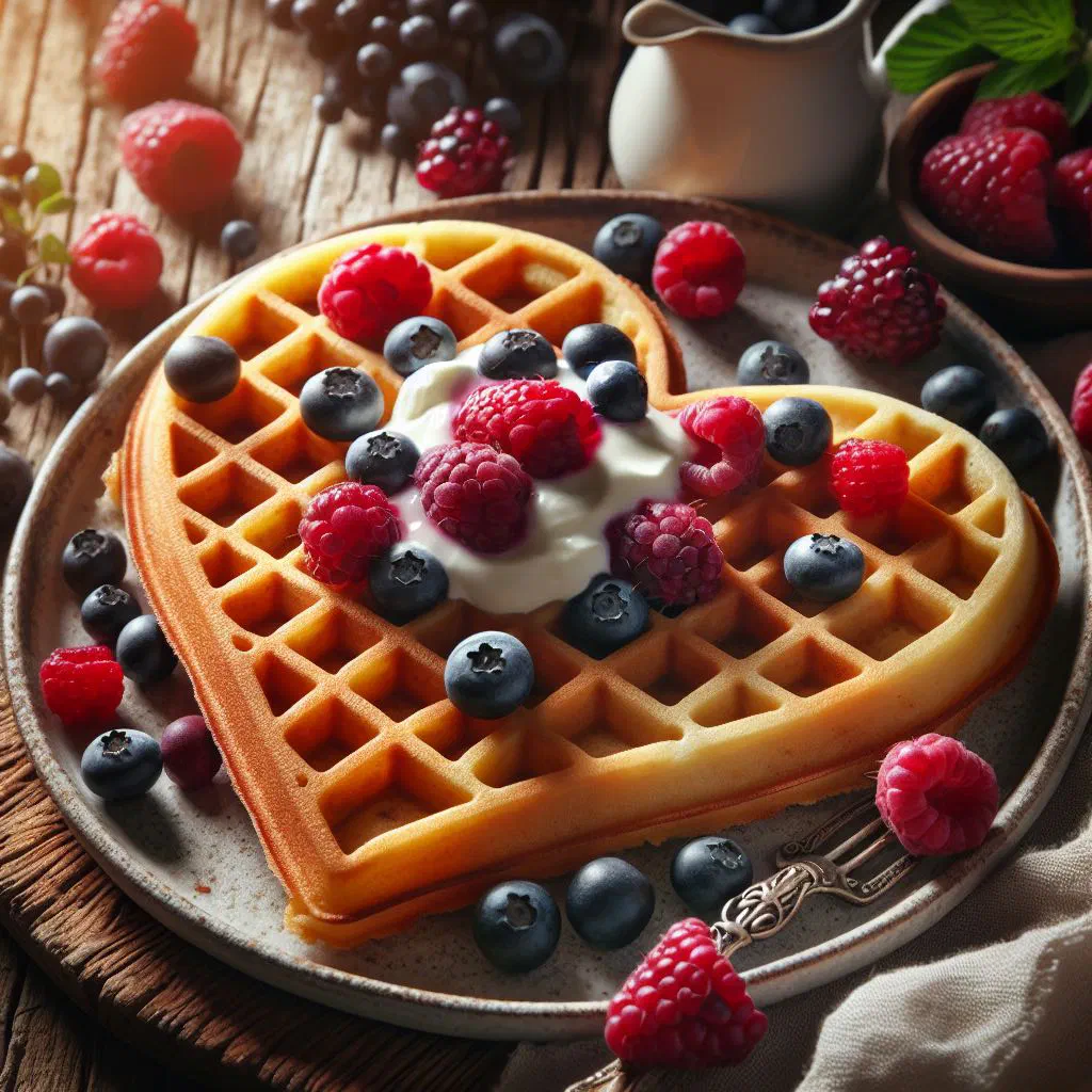 Heart-shaped Norwegian sour cream waffles with berries and cream