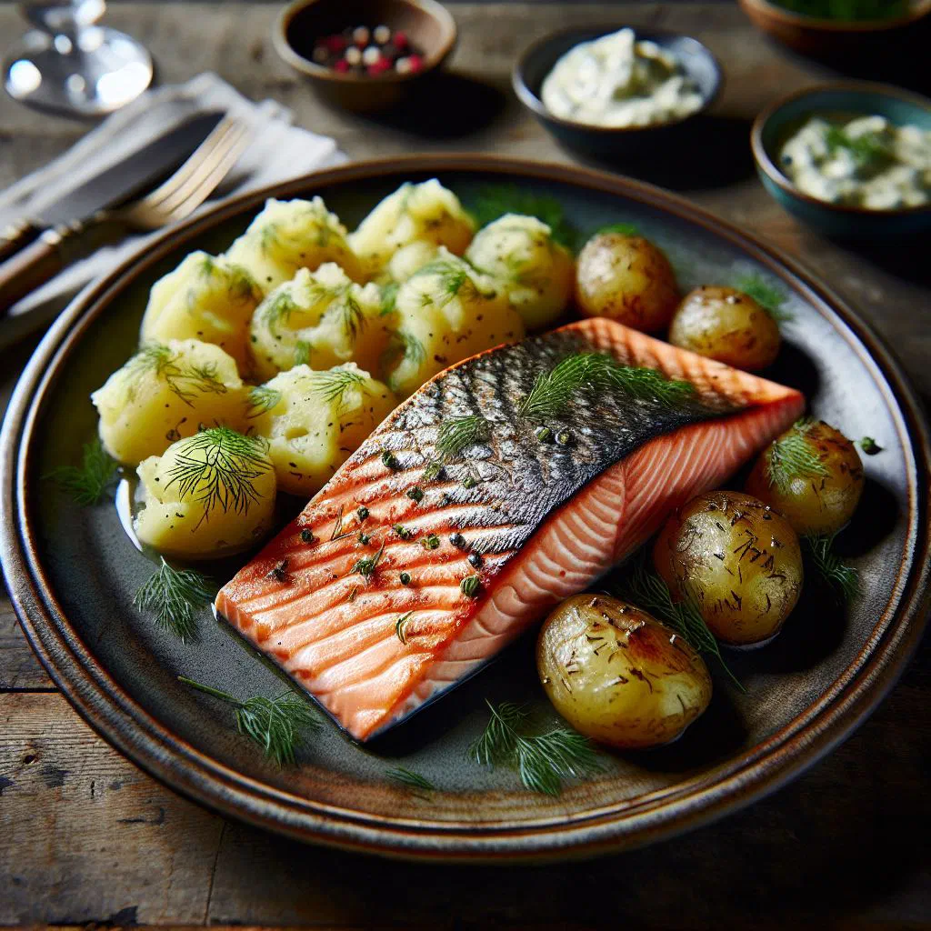 Pan-fried salmon fillet served with creamy dill potatoes and fresh dill