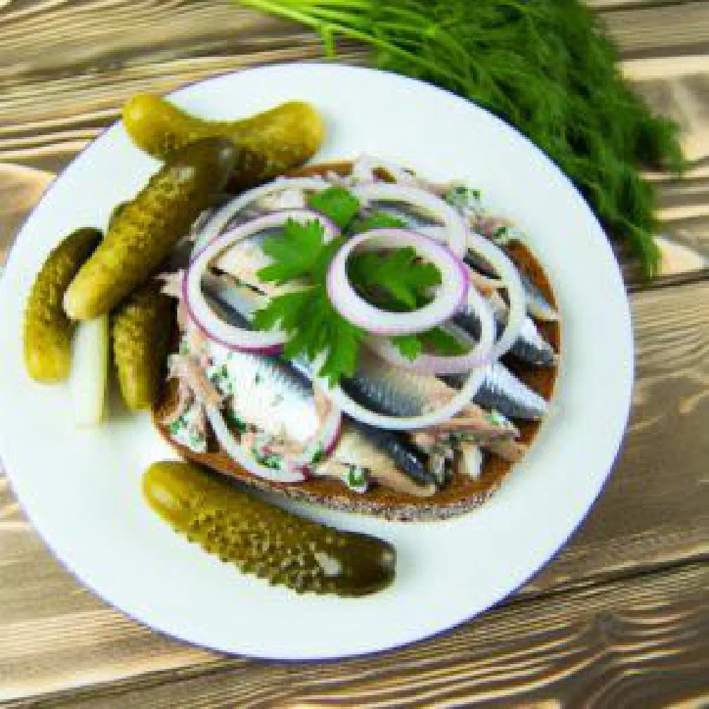 Pickled herring fillets with onion rings and peppercorns in a glass jar