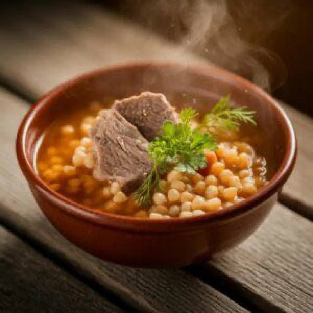 Bowl of Norwegian sodd with tender meat, carrots and fresh herbs