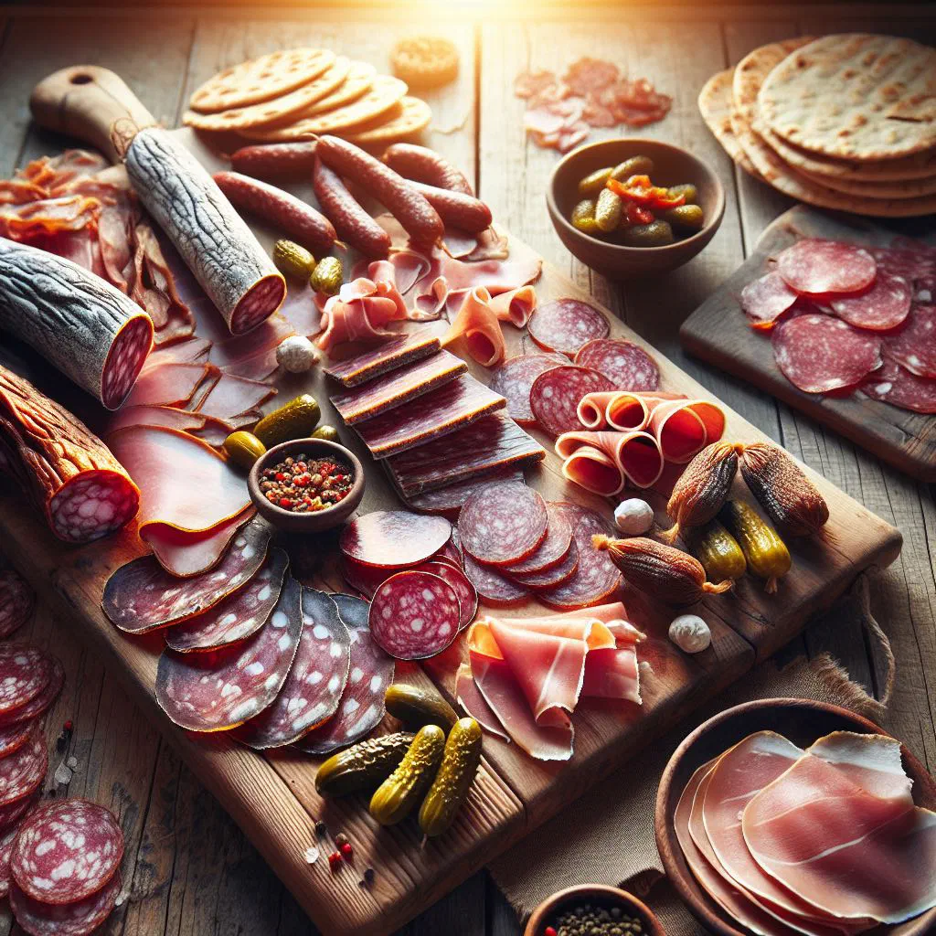 Platter of Norwegian spekemat with cured meats, flatbread and pickled vegetables