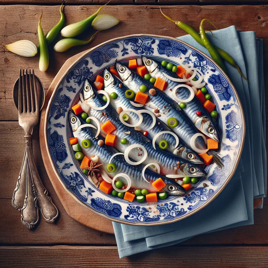 Pickled herring fillets with onion rings and carrot slices in a spiced marinade