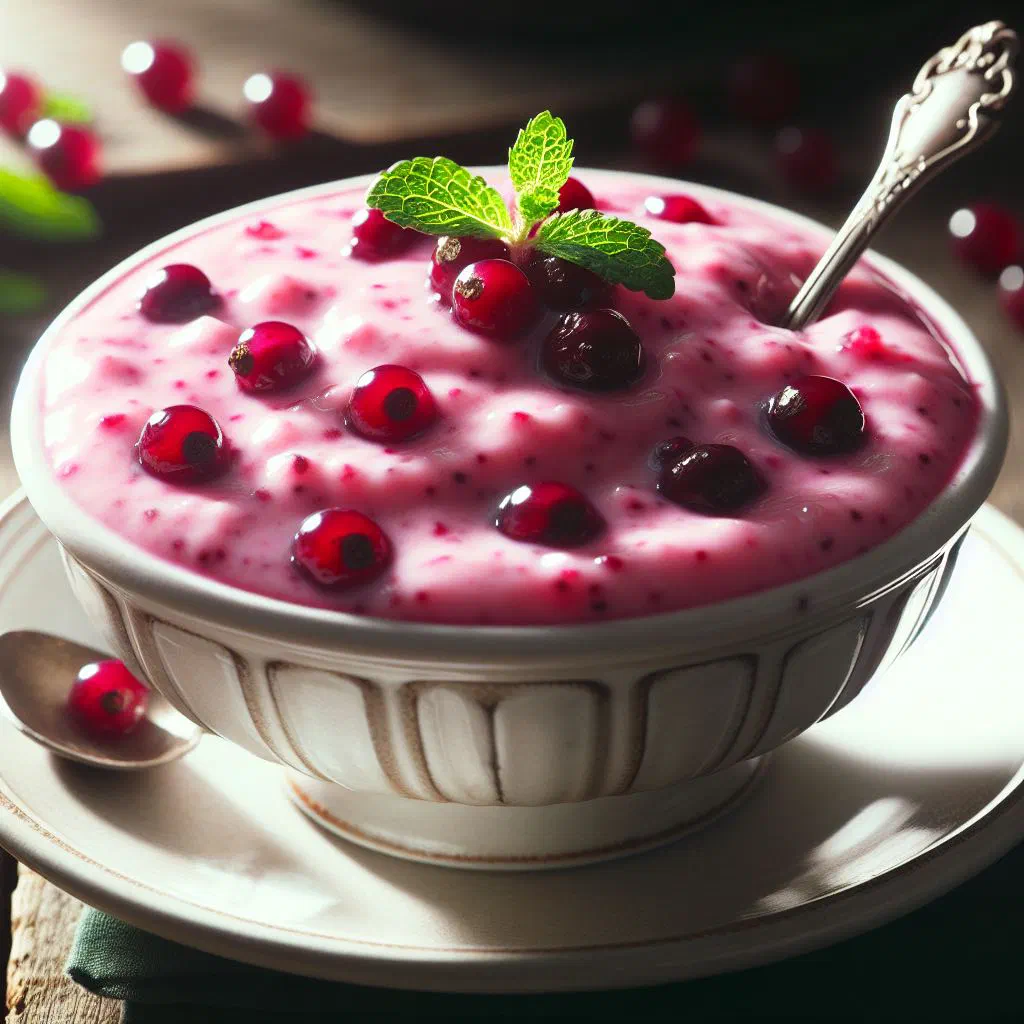 Pale pink trollkrem dessert in a glass, topped with lingonberries