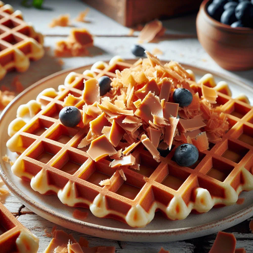 Heart-shaped Norwegian waffles topped with slices of brown cheese