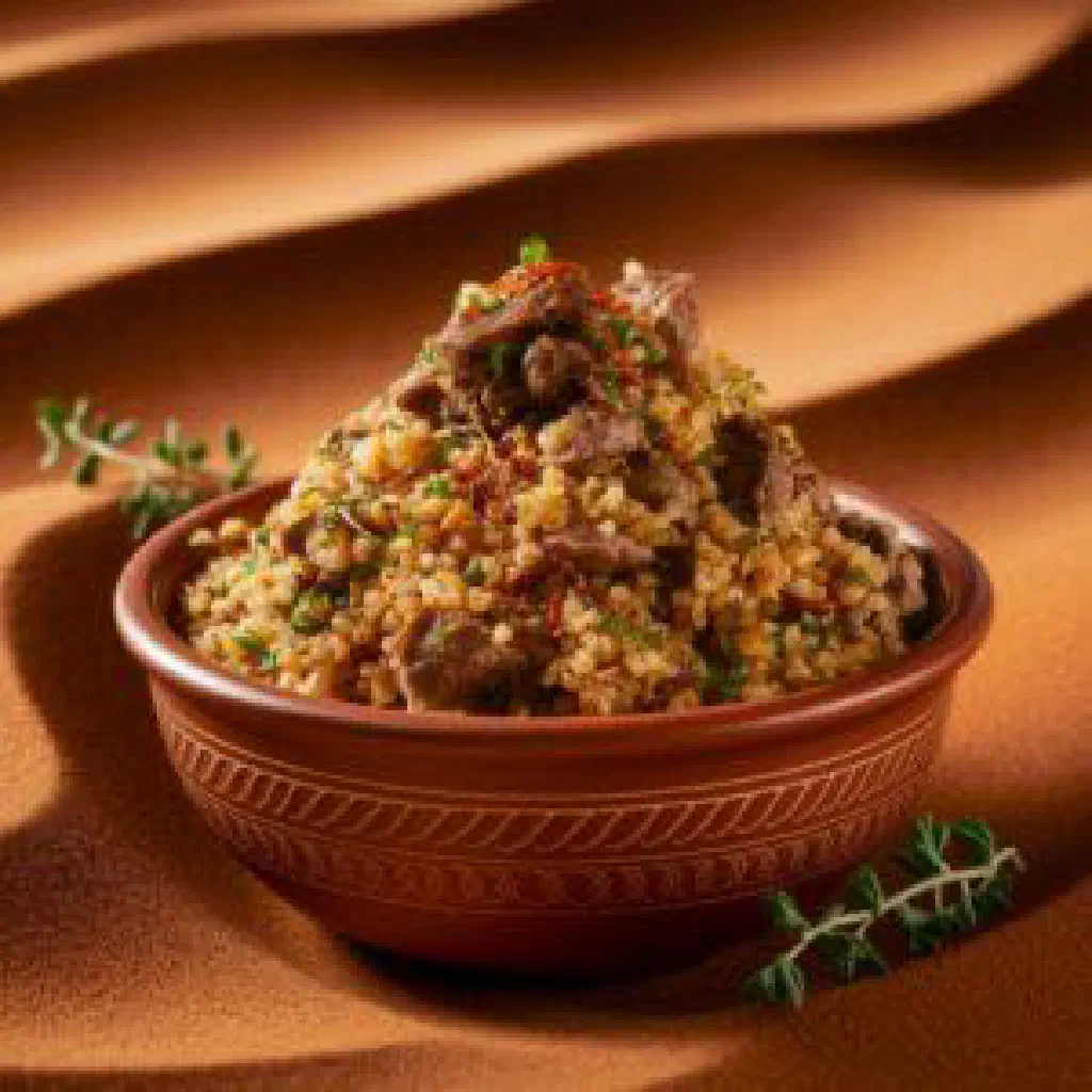 Smooth Omani aseed dough served with spiced meat and sauce