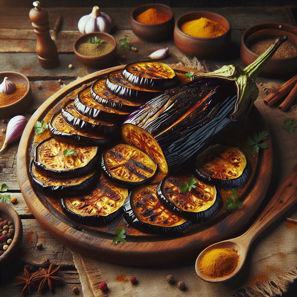 Spiced baked aubergine slices garnished with fresh parsley and lemon