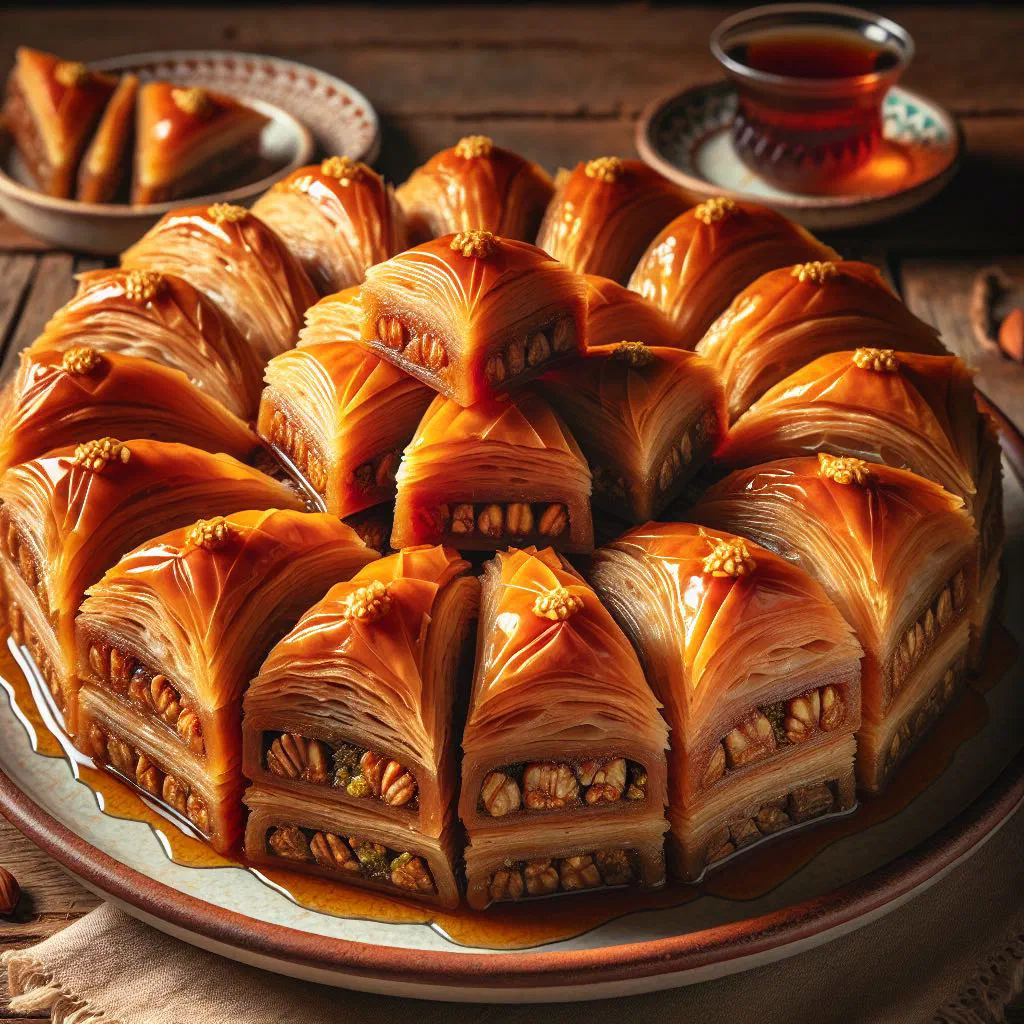 Diamond-cut baklava layered with nuts and glazed with honey syrup
