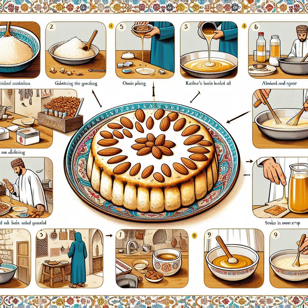 Golden squares of basbousa semolina cake topped with almonds and soaked in syrup