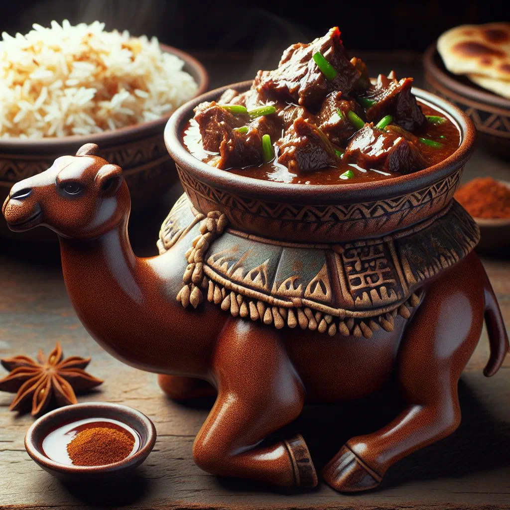 A rustic bowl of camel meat stew with carrots, potatoes and fresh herbs