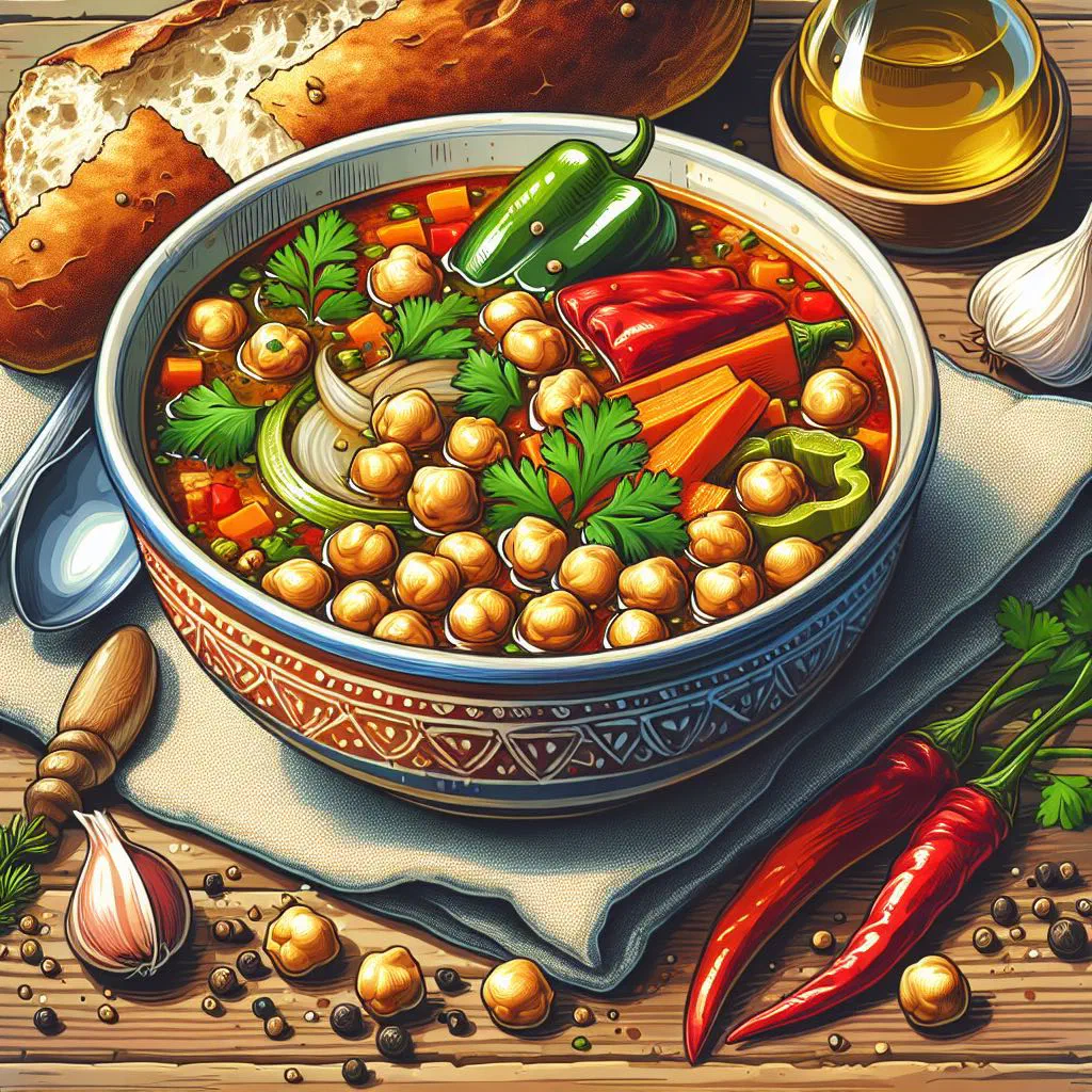 A bowl of Omani chickpea stew with carrots and peppers, garnished with fresh herbs