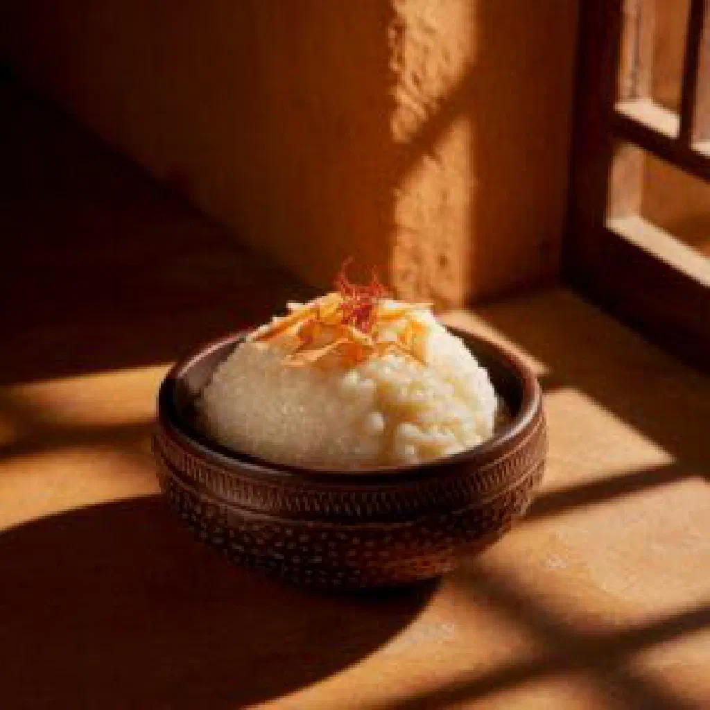 Creamy coconut rice pudding topped with fresh fruit in a bowl