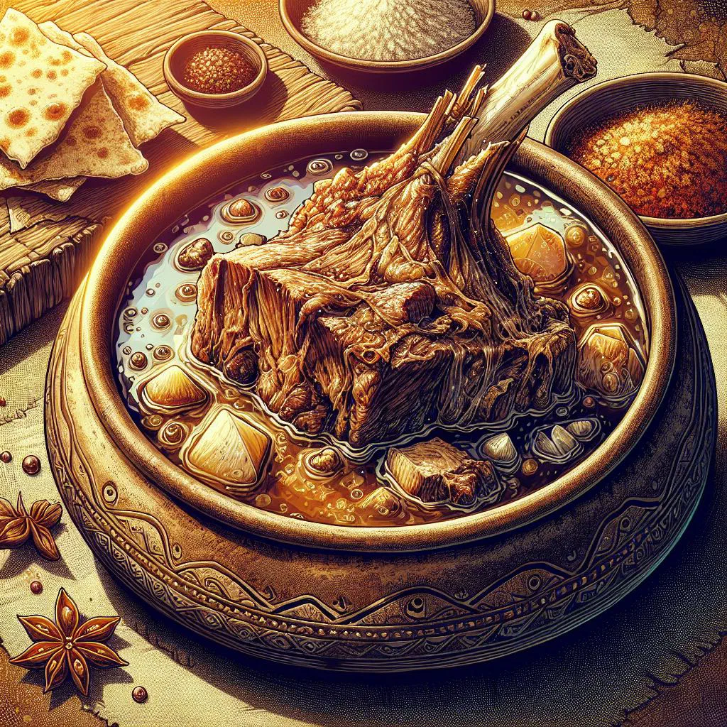 Bowl of Omani fahsa lamb stew garnished with fresh coriander and served with flatbread