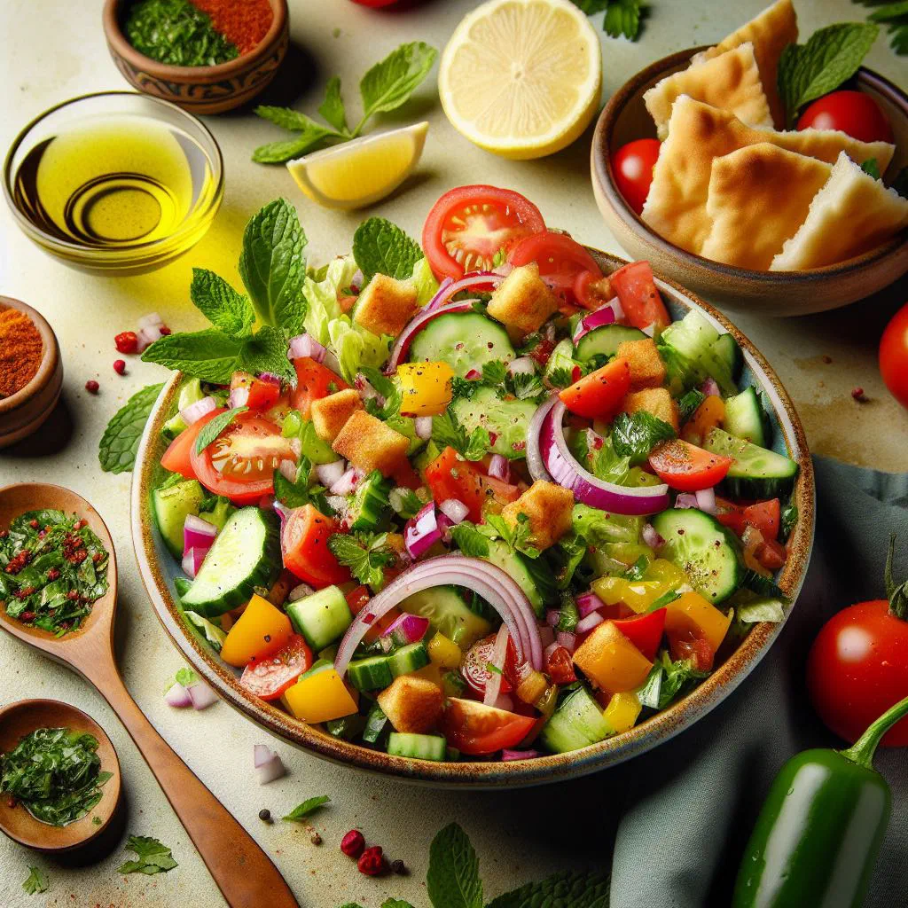 Fattoush salad with fresh vegetables, herbs and crisp toasted pita