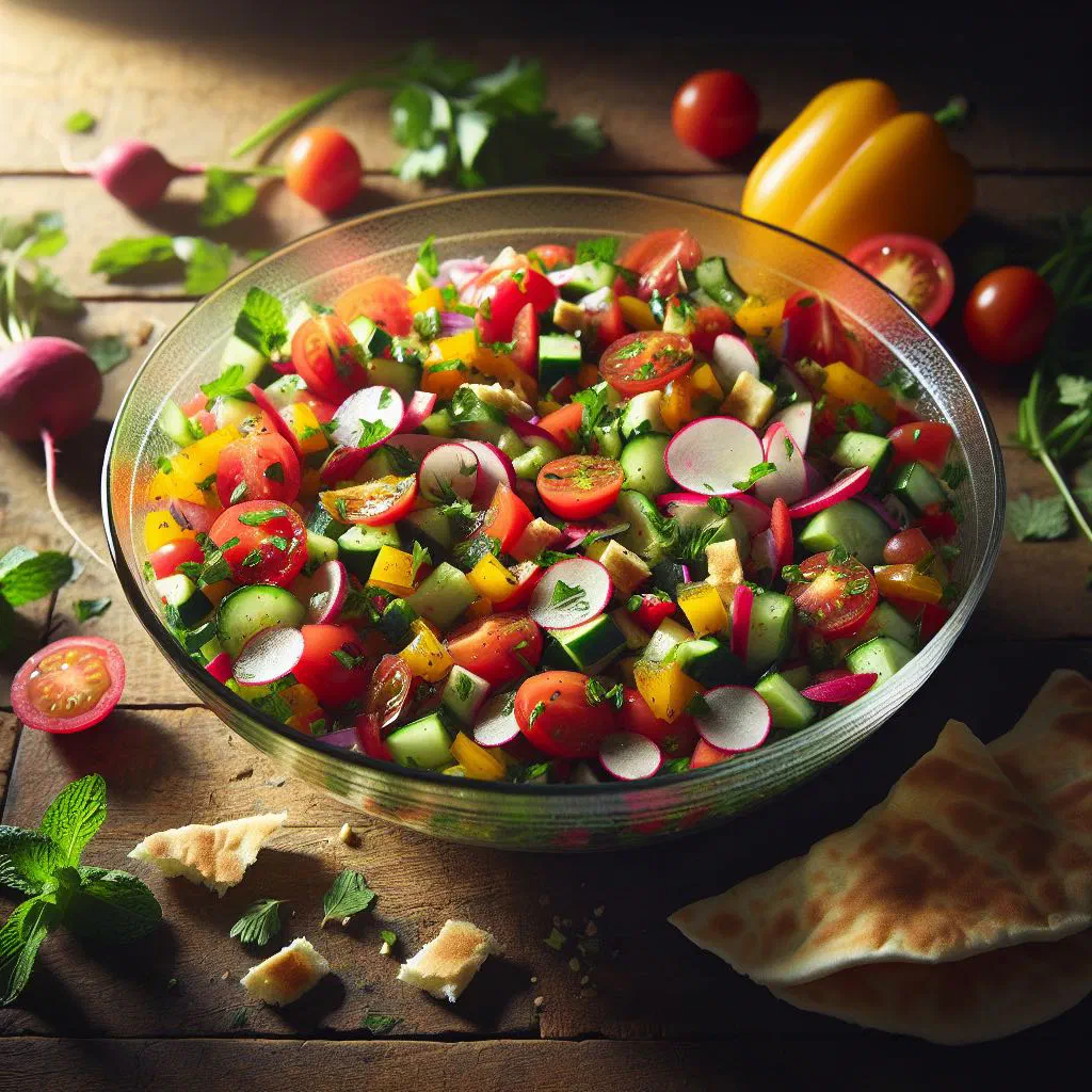 Fattoush salad with crisp flatbread, tomatoes, cucumber and fresh herbs
