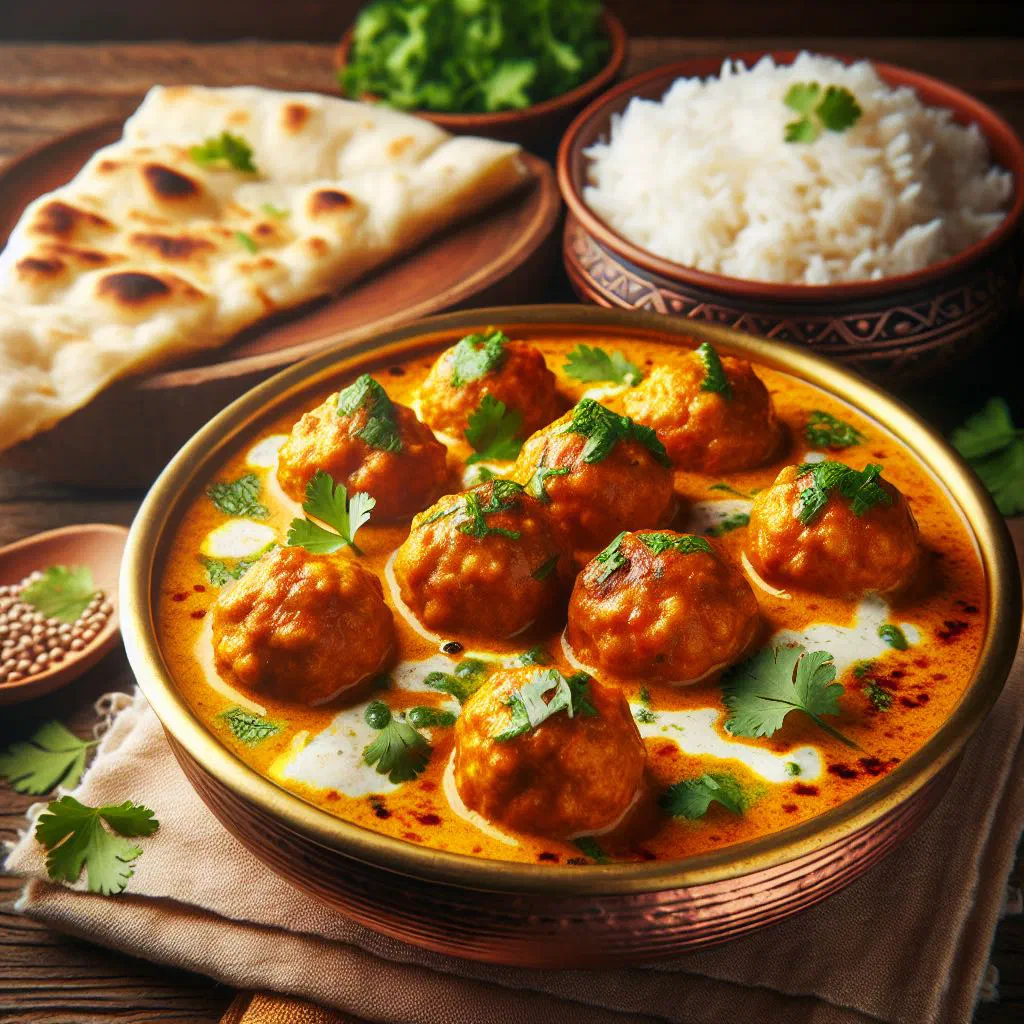 Fish kofta balls simmering in a spiced coconut curry sauce, garnished with fresh coriander
