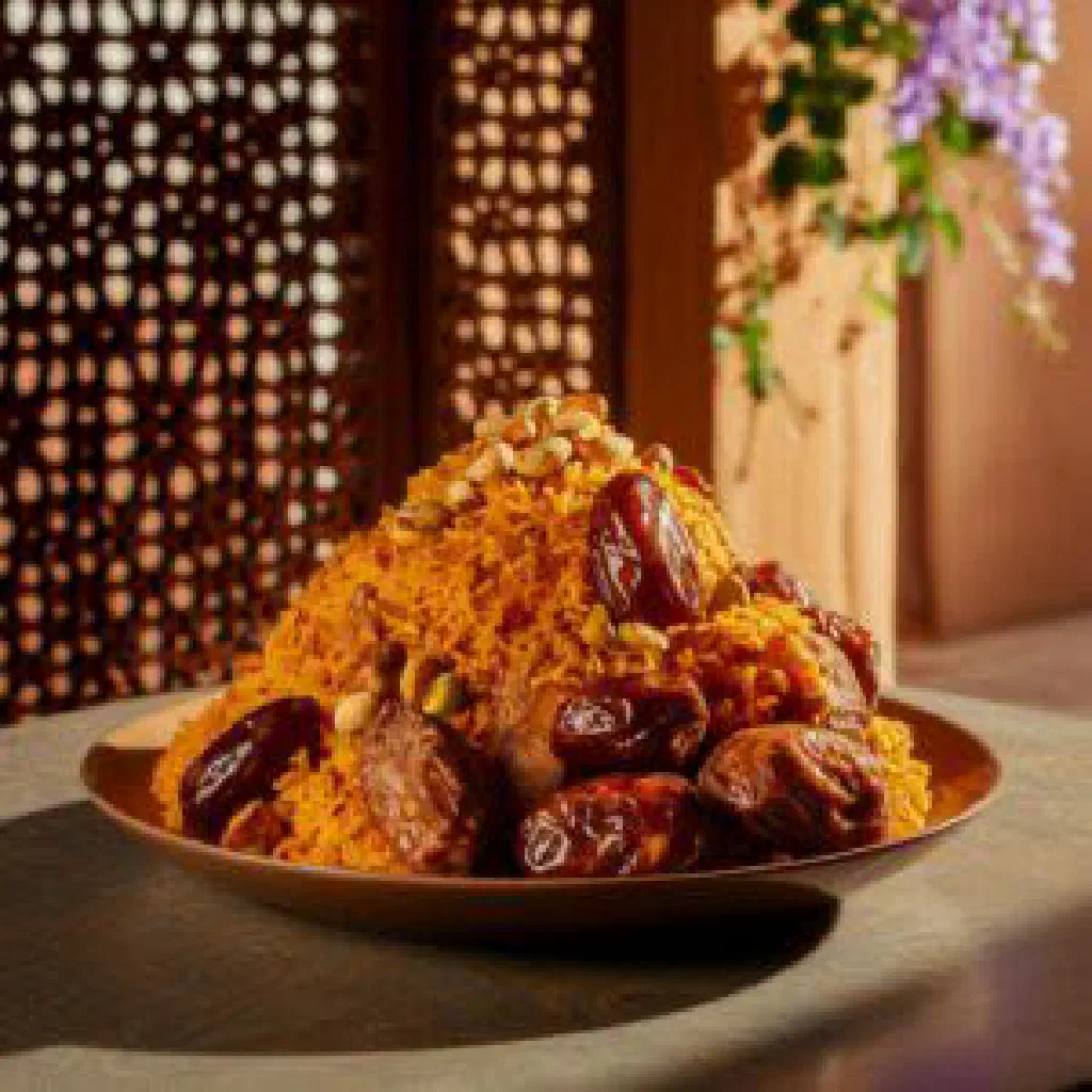 Slow-cooked Omani foga with spiced lamb served over rice and fresh herbs