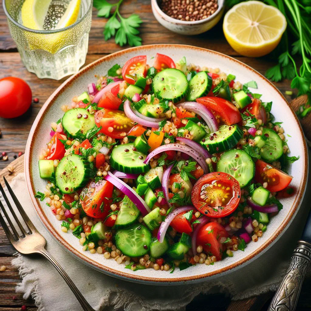 Freekeh salad with roasted green wheat, diced tomato, cucumber and fresh parsley