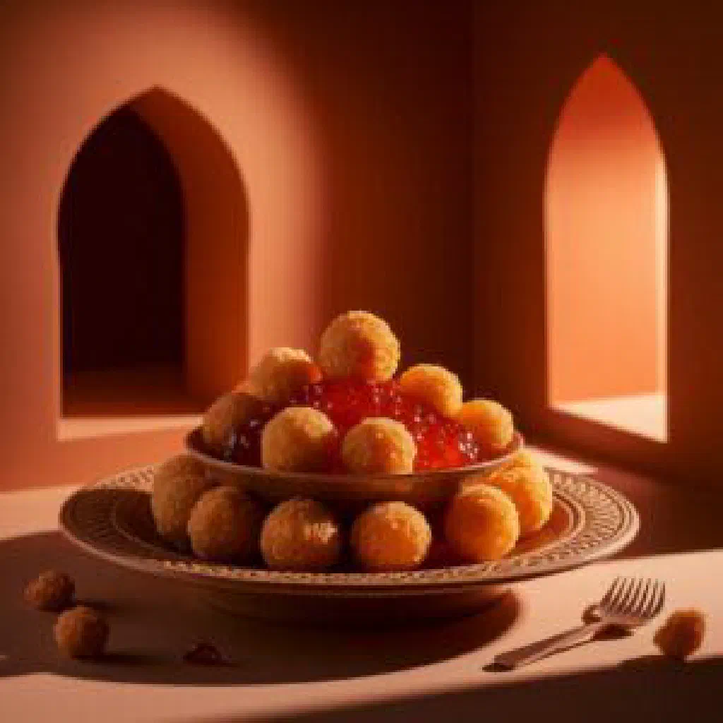 Golden fried gaimat dough balls glazed with honey on a serving plate