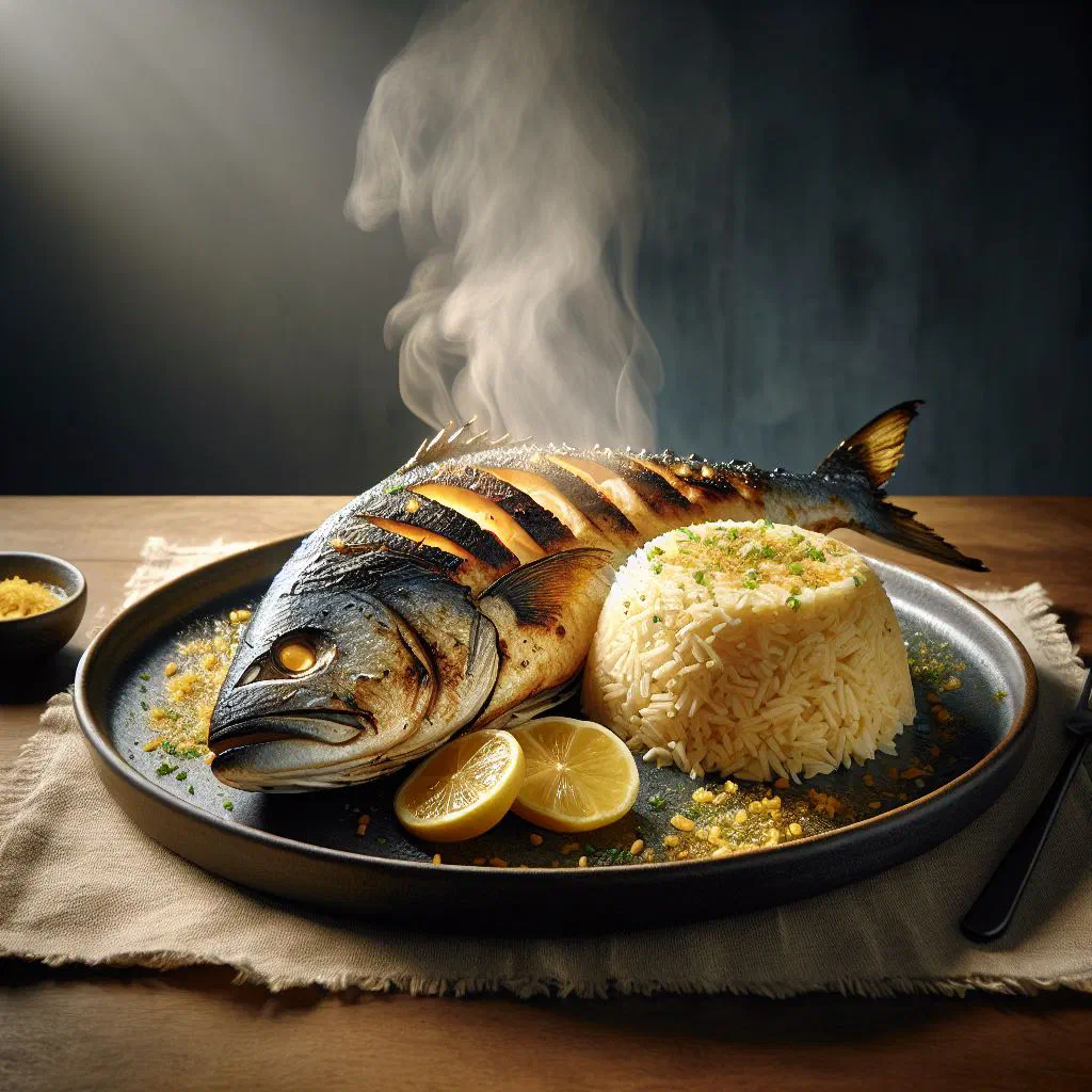 Grilled kingfish fillets served with spiced basmati rice and fresh herbs
